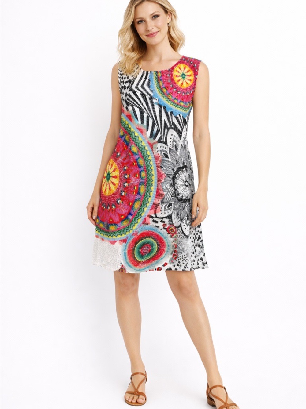 Papillon Blanc Multicolor Sleeveless Mandala Tunic with Black & White Accents